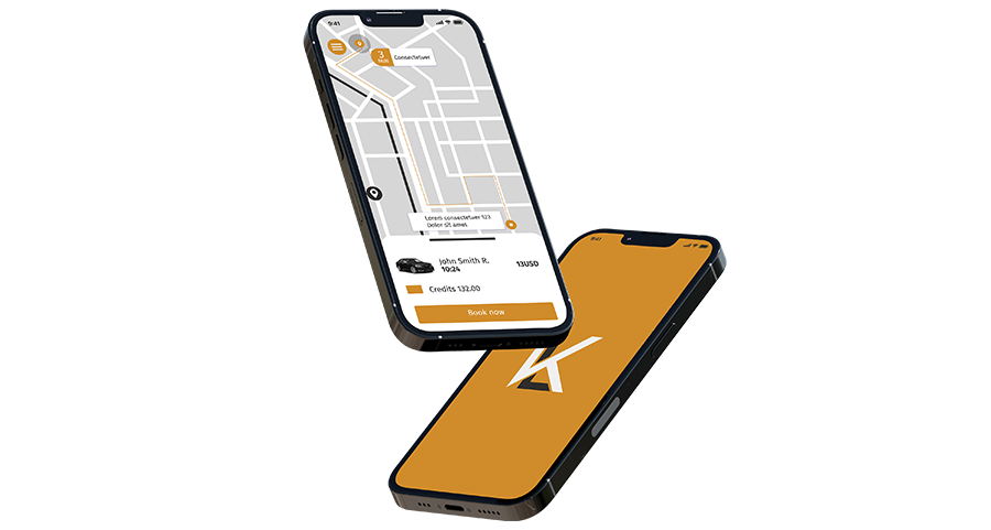 Kismet Limousine app interface showing map and booking screen